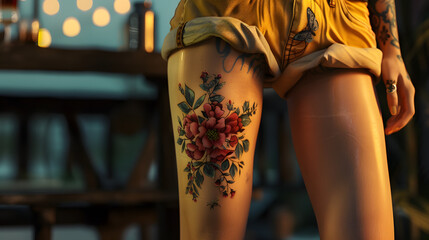 A woman's thigh tattoo of flowers and leaves perfectly contours on the skin - obrazy, fototapety, plakaty