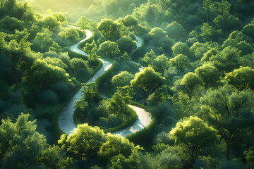 Aerial view of a curved road going through a forest - obrazy, fototapety, plakaty