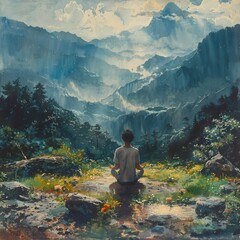 An asian man, meditating in the mountains, with a beautiful view, generated with ai