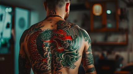 Obraz premium Vivid depiction of an Asian dragon tattoo sprawling from a man's back to his arm in a dimly lit space