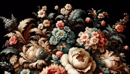Fotobehang Vintage flowers set against a black background, embodying a floral pattern reminiscent of Baroque old fashioned style © House That AI Built