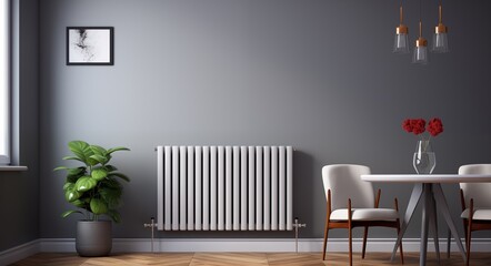 modern living room interior with white metal column radiators featuring large borders for heating, captured in a photo with grey armchair, vase, wooden floor, and blue walls near a window
