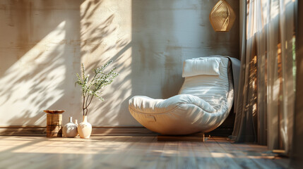 A comfortable white lounge chair in the corner of an empty room