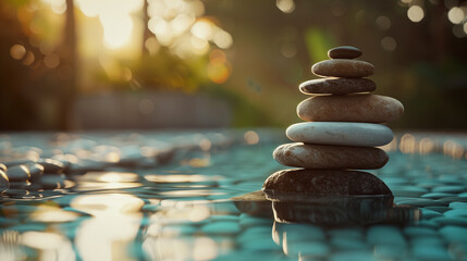 A stack of balanced stones on the edge of an outdoor pool, symbolizing calm and tranquility. - obrazy, fototapety, plakaty