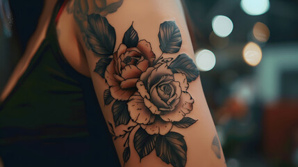 Close-up view of a woman's arm, intricately inked with detailed rose tattoos, showcasing the artful craftsmanship of a tattoo artist