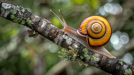 a snail with a vibrant, spiral shell moving along the surface of a branch