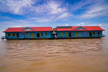 Floating school on Tonle Sap Lake - Largest fresh water lake in Cambodia at Siem Reap, Cambodia,...