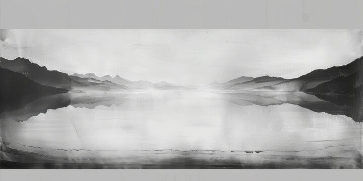 Black and white painting of the horizon line, a large sea with foggy mountains on both sides, minimalist, surrealistic,generated with ai