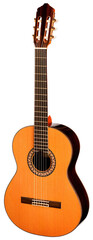 Obraz premium Classical Spanish flamenco guitar close up, dramatically lit isolated on white background with copy space.
