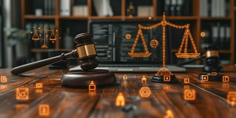 The Intersection of Law and Technology: A Laptop Gavel and Legal Icons on a Table. Concept Technology in Law, Legal Innovation, Virtual Courtroom, Digital Ethical Dilemmas, Modern Legal Tools - obrazy, fototapety, plakaty