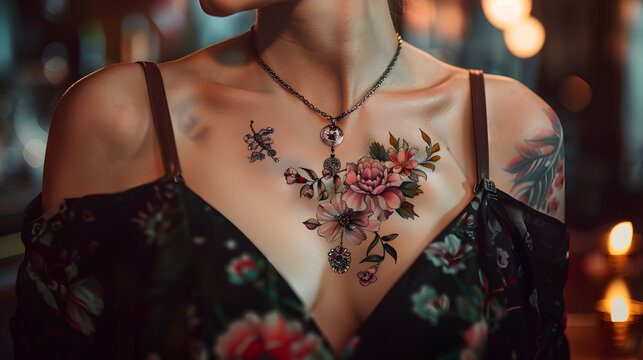 A captivating image of an elegant floral tattoo adorned with jewelry on a woman's chest, invoking a sense of sophistication