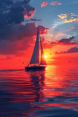 Calm, clear, serene, sailboat, voyage, ocean, blue, minimal, simple flat illustration style,generated with ai