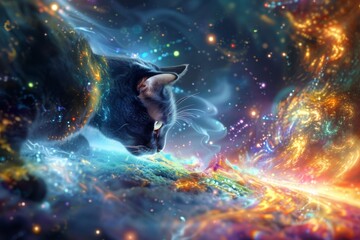Psychedelic Cat in vortex space, vibrant colors, generated with ai