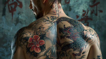 This image presents a man from behind, exposing an intricate dragon tattoo covering his back, a statement of powerful cultural symbolism