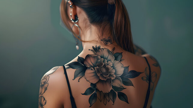 A high-resolution image showcasing a detailed and intricate floral tattoo sprawling across a woman's back