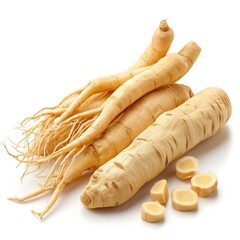Ginseng Root All Natural Raw Fresh Medicinal Herbal Medicine or Culinary Organic Food Ingredient Isolated Object for Marketing or Agricultural Advertising   - obrazy, fototapety, plakaty