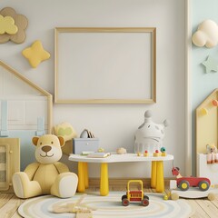 3D render of a children's room with a picture frame, evoking the theme of playful interior design.