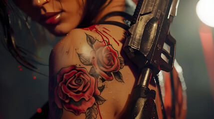 Close-up of a woman's tattooed arm gripping a sci-fi style weapon, blood splatter detail visible