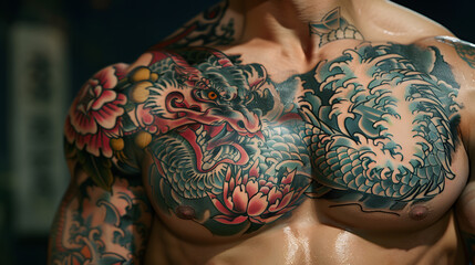Close-up of a bare back featuring a large, colorful dragon tattoo with detailed scales