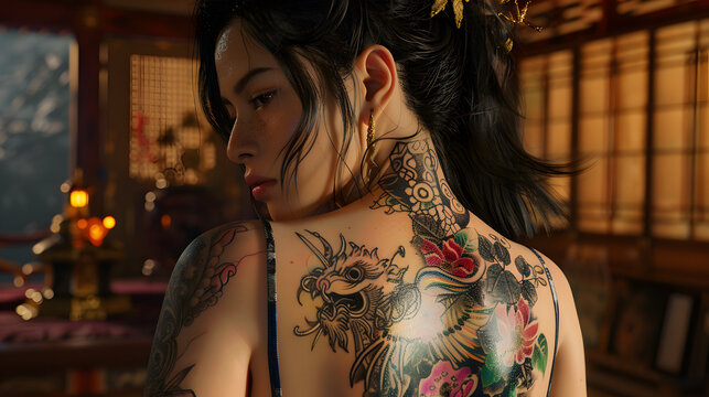 Detailed back tattoo on a woman in traditional Japanese house setting