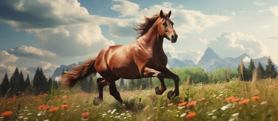 A majestic brown horse gallops gracefully through a field of vibrant flowers under the clear blue sky, creating a stunning natural landscape reminiscent of a painting