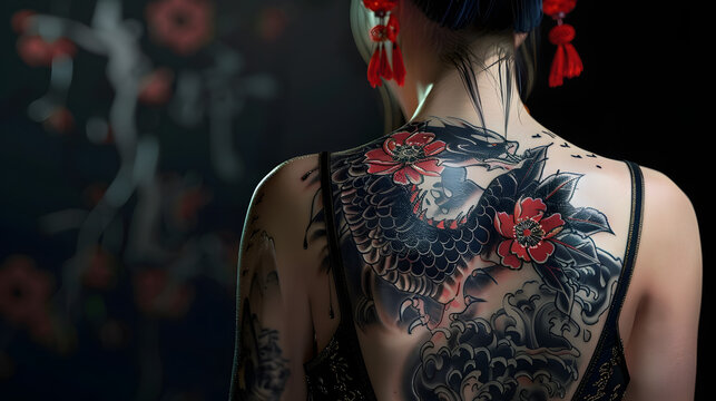This image shows a detailed view of a woman's back with an intricate Japanese style tattoo featuring a bird and flowers