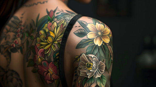Sharp image detailing a woman's shoulder tattoo of yellow flowers with shadows and highlights