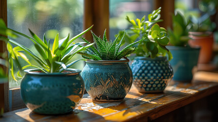 Domestic plants in blue pots with patterns on a wooden shelf by the window