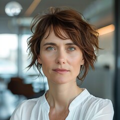 photo of the most beautiful woman in Europe, she has short hair and is wearing an elegant white shirt at work as head strage director for restaurant management company