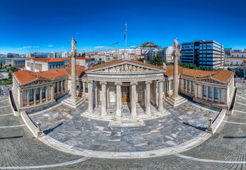 Aerial detail photo of Masterpiece Academy of Athens featuring statue of Athena, Apollo above and...