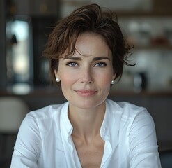 photo of the most beautiful woman in Europe, she has short hair and is wearing an elegant white shirt at work as head strage director for restaurant management company