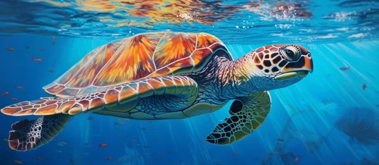 Fotobehang A Kemps ridley sea turtle gracefully glides through the fluid underwater world of the ocean, showcasing the beauty of marine biology in motion © AkuAku