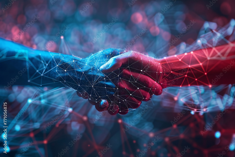 Aufkleber digital handshake with blue and red network patterns