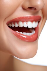Close up of a happy woman's mouth with healthy teeth isolated on a white background, generated with AI