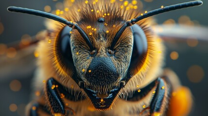 Macro photography of a bee with little specs of polen on her, photography,generated with ai - obrazy, fototapety, plakaty