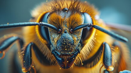 Macro photography of a bee with little specs of polen on her, photography,generated with ai