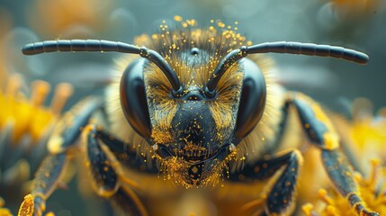 Macro photography of a bee with little specs of polen on her, photography,generated with ai - obrazy, fototapety, plakaty