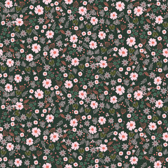 Millefleur meadow green and pink background retro color flowers tender seamless pattern.