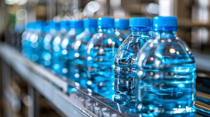 Bottling of drinking water in plastic containers at a pristine and hygienic factory