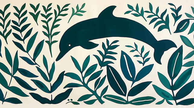 Simple line drawing of a dolphin surrounded by leaves.