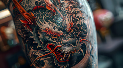 Exquisite dragon tattoo with elaborate detailing and striking red accents highlighting its fearsome appearance