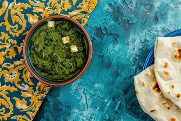 palak paneer and chapatis on a bright blue background. . empty space for text. Indian food. Spinach, cheese. Vegetarian cuisine. Spices, masala, curry, roti.