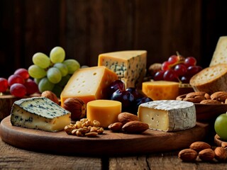 Assorted different types of cheese on the table with nuts.