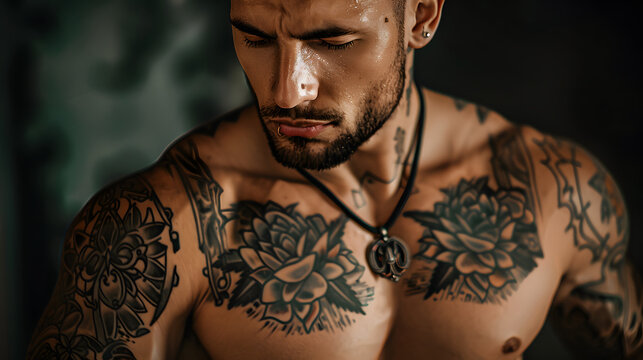 Photo of a tattooed muscular man in contemplation, showcasing detailed ink work on skin