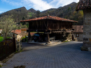 Granary (horreo) in the mountain town of Espinaredo. In this village there are many examples of this particular traditional architecture. Piloña, Asturias, Spain.