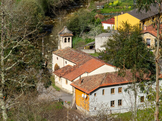 Fototapeta na wymiar Panoramic view of the church of Nuestra Señora de las Nieves in the village of Espinaredo. Piloña, Asturias, Spain.