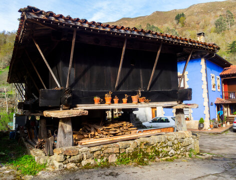Granary (horreo) in the mountain town of Espinaredo. In this village there are many examples of this particular traditional architecture. Pilo&ntilde;a, Asturias, Spain.