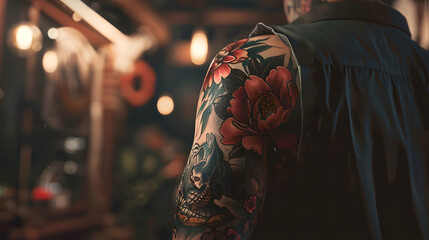 Fototapeta na wymiar A dramatic back tattoo featuring a skull and florals with a dark, moody atmosphere