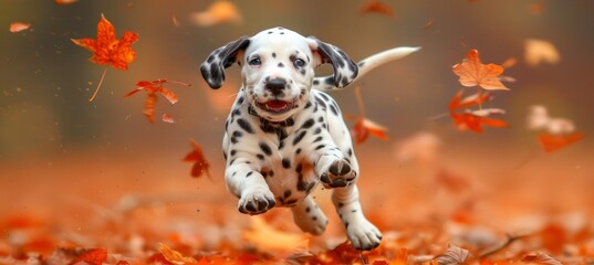 Cheerful dalmatian pup playfully romping in a lively meadow, showcasing its charming spotted beauty