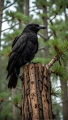 Fototapeta premium Majestic Black Raven Perched on Pine Tree Stump in Forest 